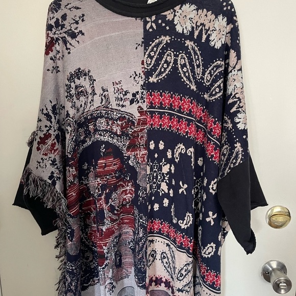 FREE PEOPLE Sz M/L PIECED W/PAISLEY FRINGED PONCHO SWEATER TUNIC PURPLE - Picture 11 of 15